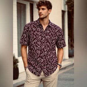 Public record all over print button up short sleeve collar short. Size 3XL EUC